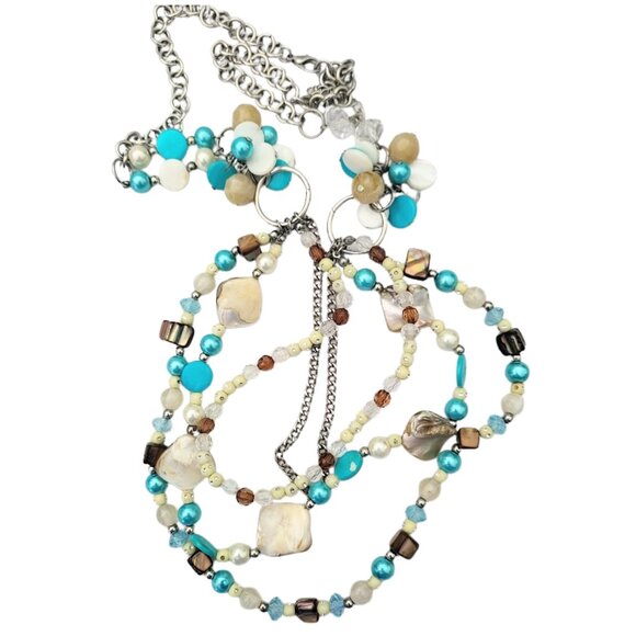 Mother Of Pearl Blue & White Beaded Oyster Shell Necklace 16" - Picture 2 of 10